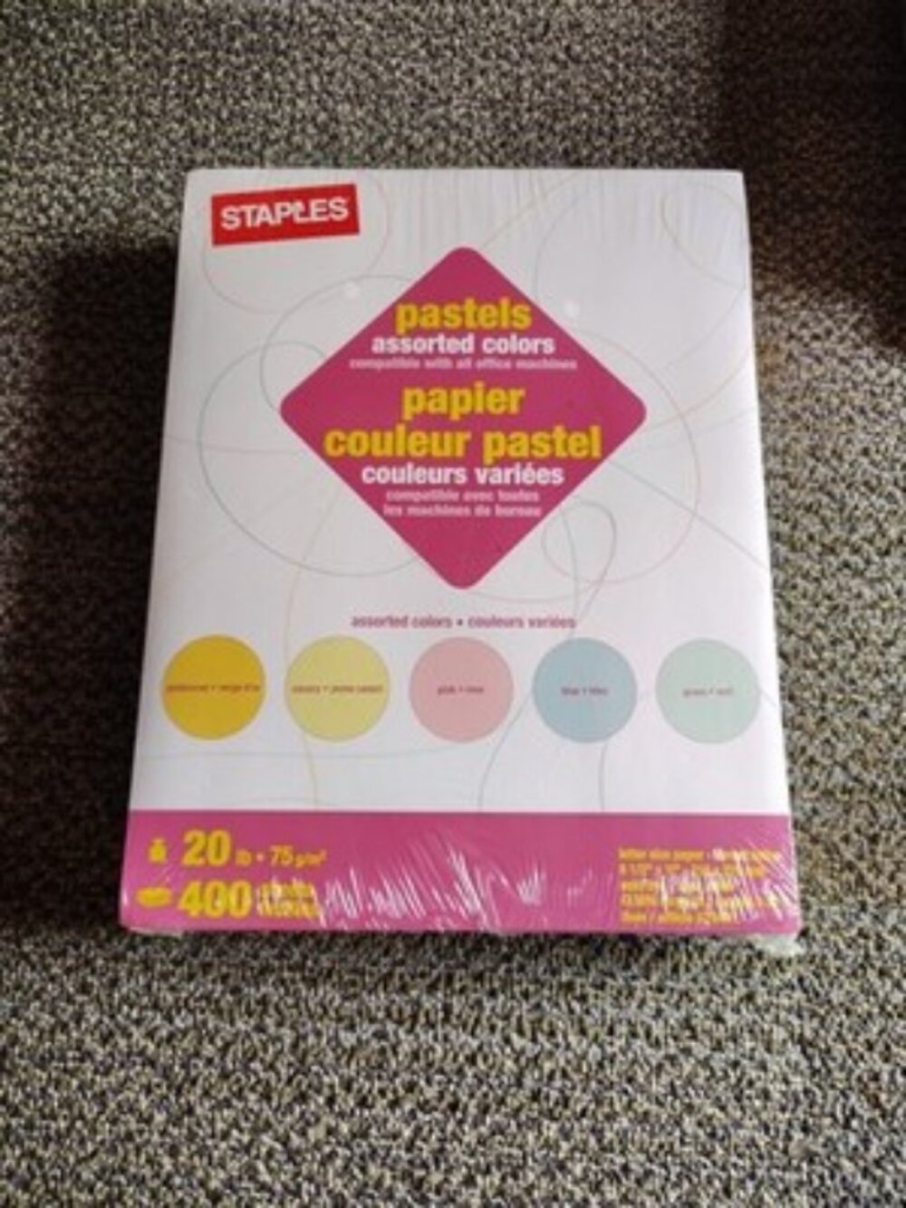 1 Reams (400 sheets/ream) Staples Pastels paper 8.5"x11" canary pink blue green